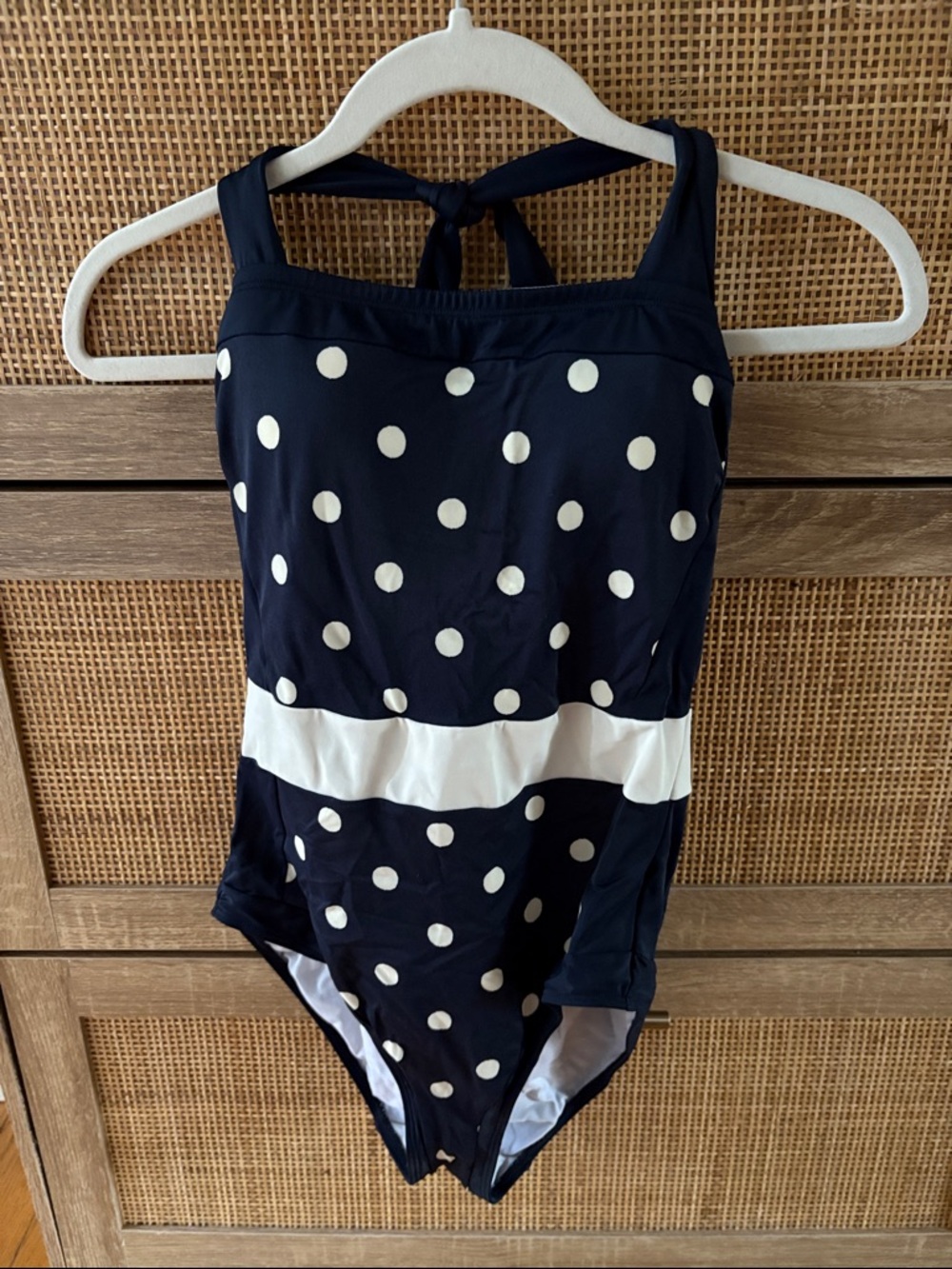 Boden Navy Polka Dot One-Piece Swimsuit with White Band